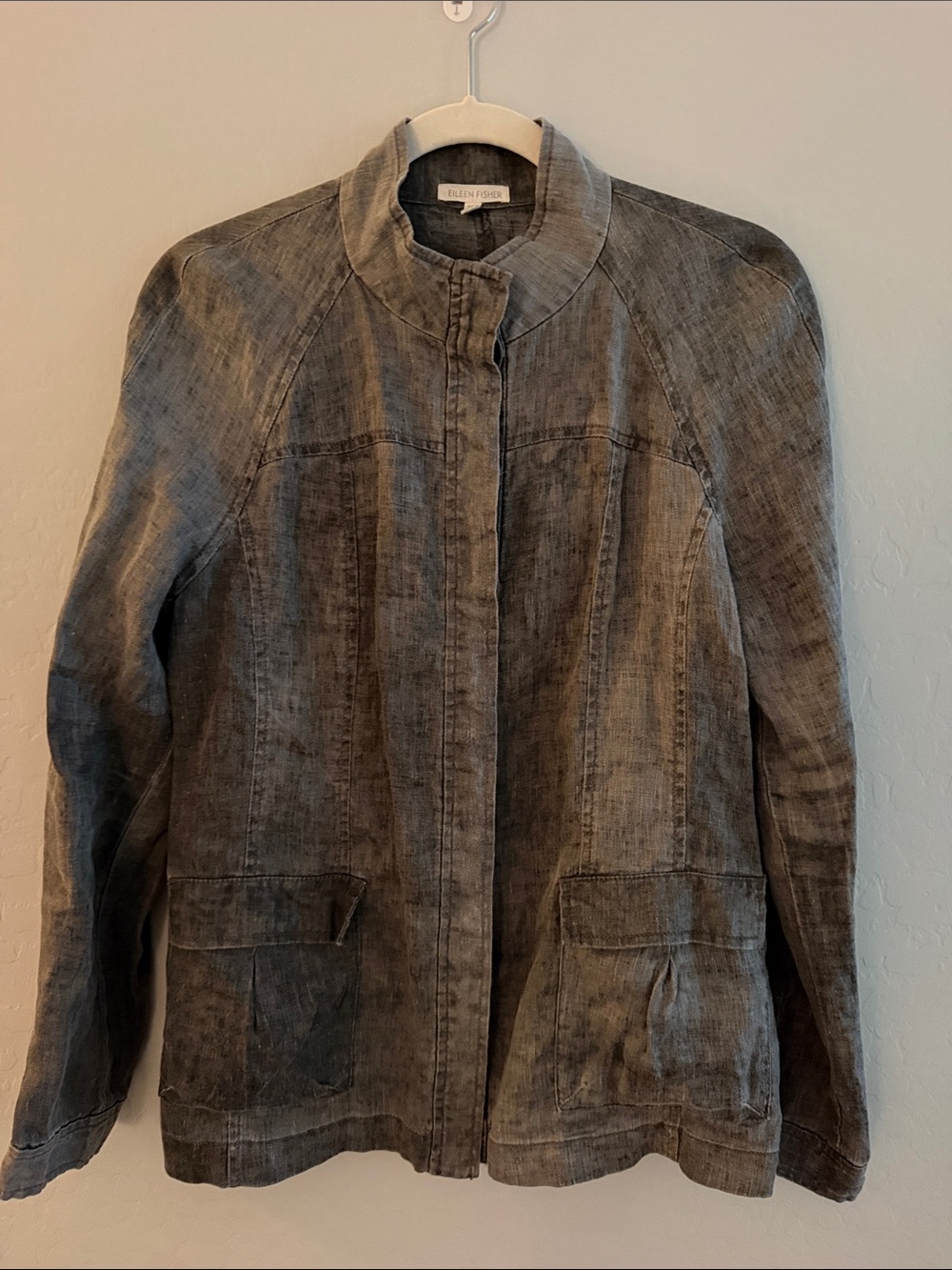 Eileen Fisher Heathered Gray Linen-Blend Stand Collar Jacket